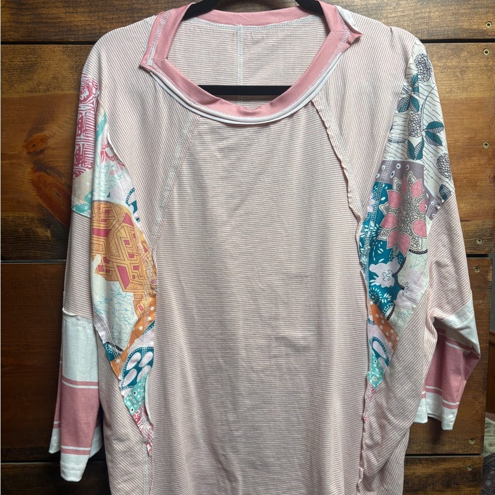 Pink Pattern-Sleeve Boho 3/4 length sleeve Pullover Oversized Top